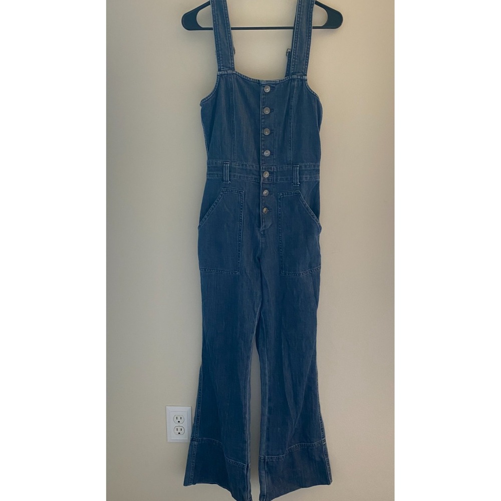 Aerie Denim Jumpsuit Womens XS Blue Button Front Wide Leg Overalls Boho